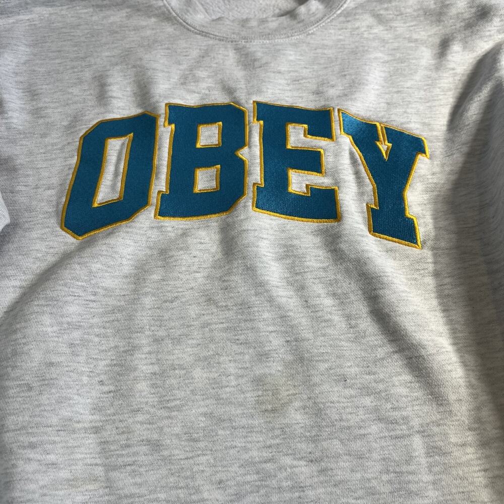 OBEY Mens Crewneck Sweatshirt Gray Small S Streetwear Graphic Fleece Pullover - Picture 3 of 7